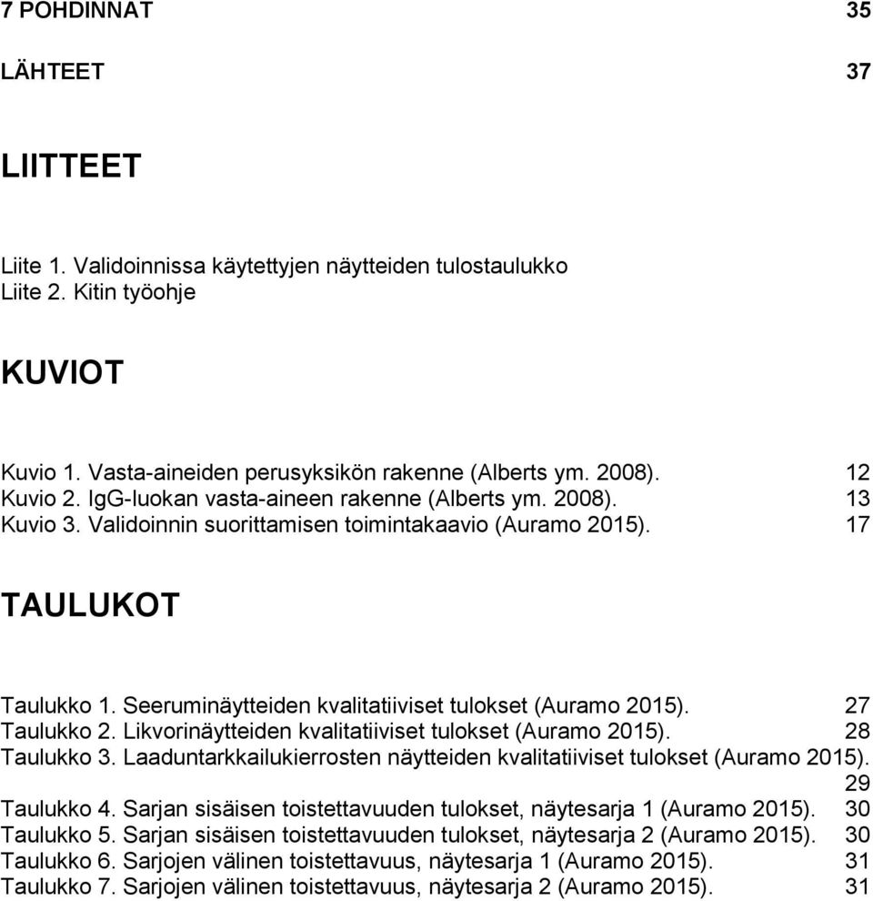 Seeruminäytteiden kvalitatiiviset tulokset (Auramo 2015). 27 Taulukko 2. Likvorinäytteiden kvalitatiiviset tulokset (Auramo 2015). 28 Taulukko 3.