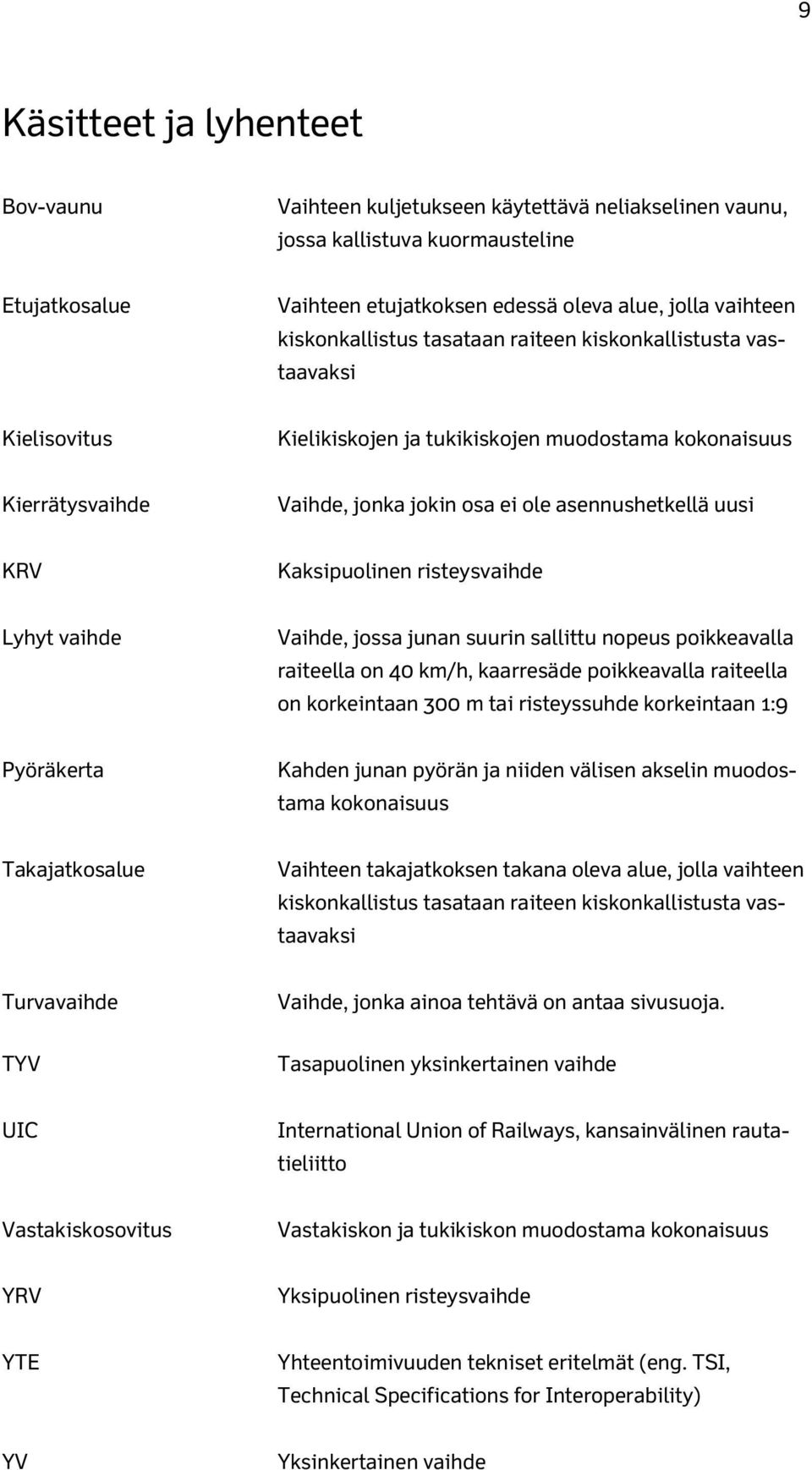 KRV Kaksipuolinen risteysvaihde Lyhyt vaihde Vaihde, jossa junan suurin sallittu nopeus poikkeavalla raiteella on 40 km/h, kaarresäde poikkeavalla raiteella on korkeintaan 300 m tai risteyssuhde