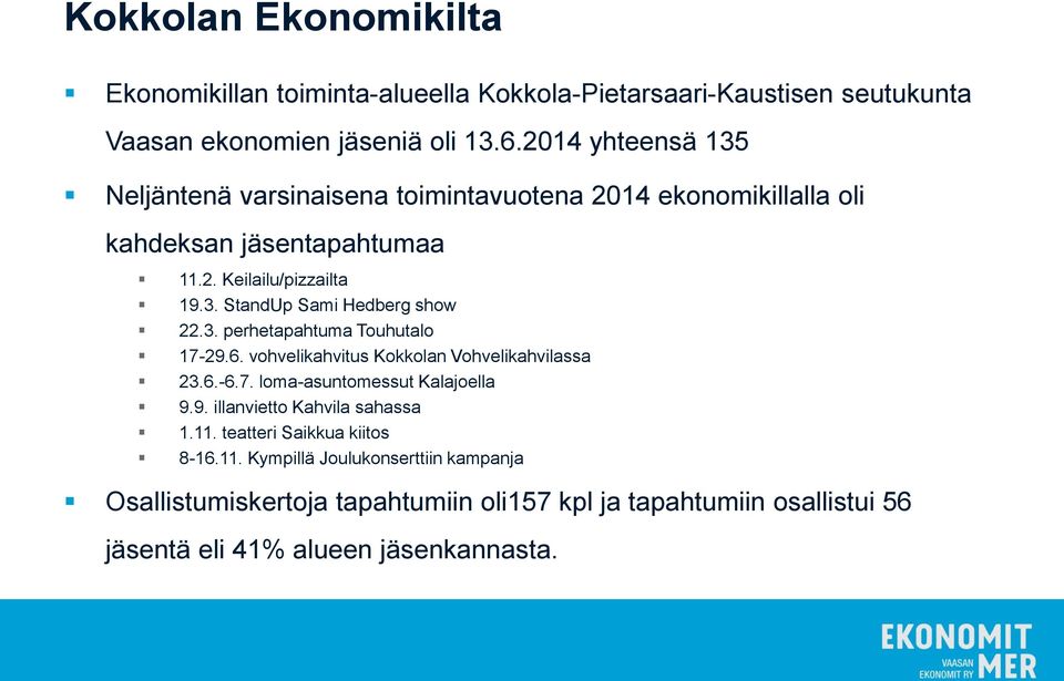 3. perhetapahtuma Touhutalo 17-29.6. vohvelikahvitus Kokkolan Vohvelikahvilassa 23.6.-6.7. loma-asuntomessut Kalajoella 9.9. illanvietto Kahvila sahassa 1.11.