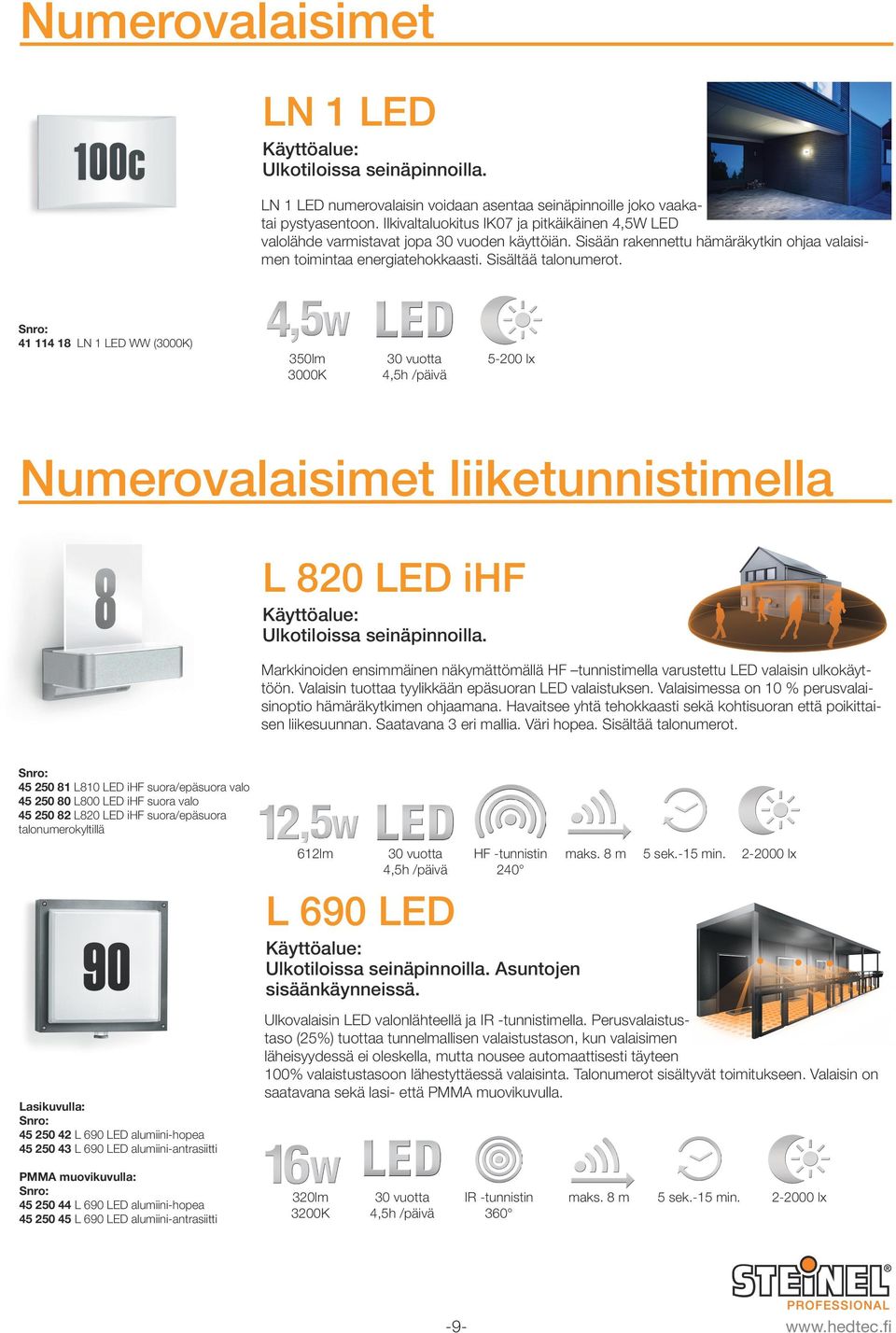 41 114 18 LN 1 LED WW (3000K) 350lm 3000K 5-200 lx Numerovalaisimet liiketunnistimella L 820 LED ihf Ulkotiloissa seinäpinnoilla.