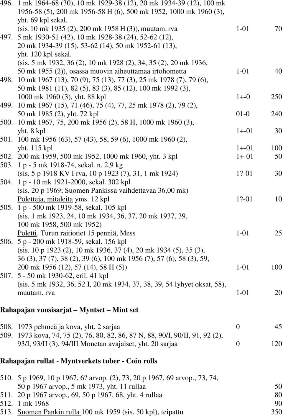 5 mk 1932, 36 (2), 10 mk 1928 (2), 34, 35 (2), 20 mk 1936, 50 mk 1955 (2)), osassa muovin aiheuttamaa irtohometta 1-01 40 498.