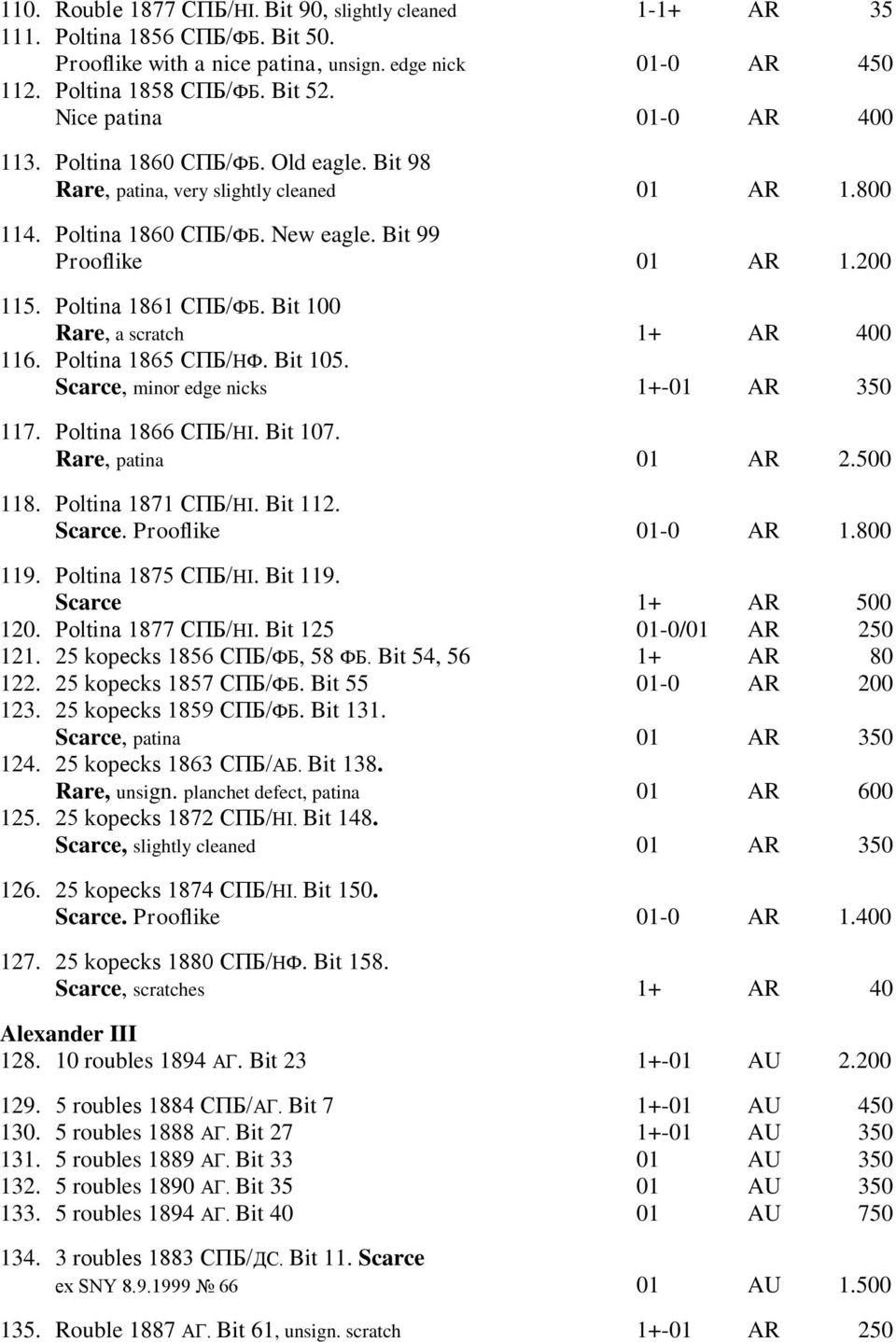 Poltina 1861 СПБ/ФБ. Bit 100 Rare, a scratch 1+ AR 400 116. Poltina 1865 СПБ/НФ. Bit 105. Scarce, minor edge nicks 1+-01 AR 350 117. Poltina 1866 СПБ/НI. Bit 107. Rare, patina 01 AR 2.500 118.