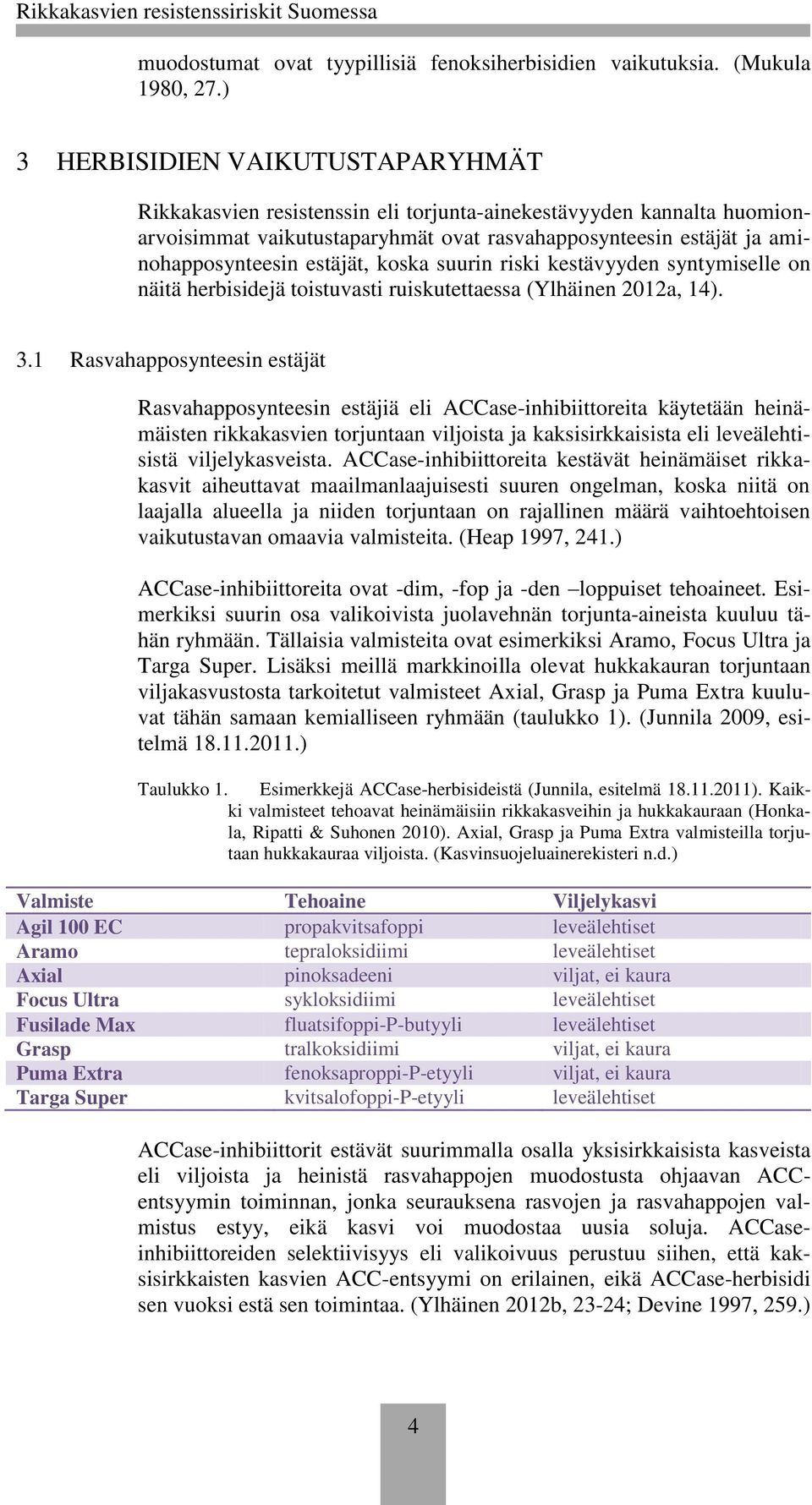 estäjät, koska suurin riski kestävyyden syntymiselle on näitä herbisidejä toistuvasti ruiskutettaessa (Ylhäinen 2012a, 14). 3.