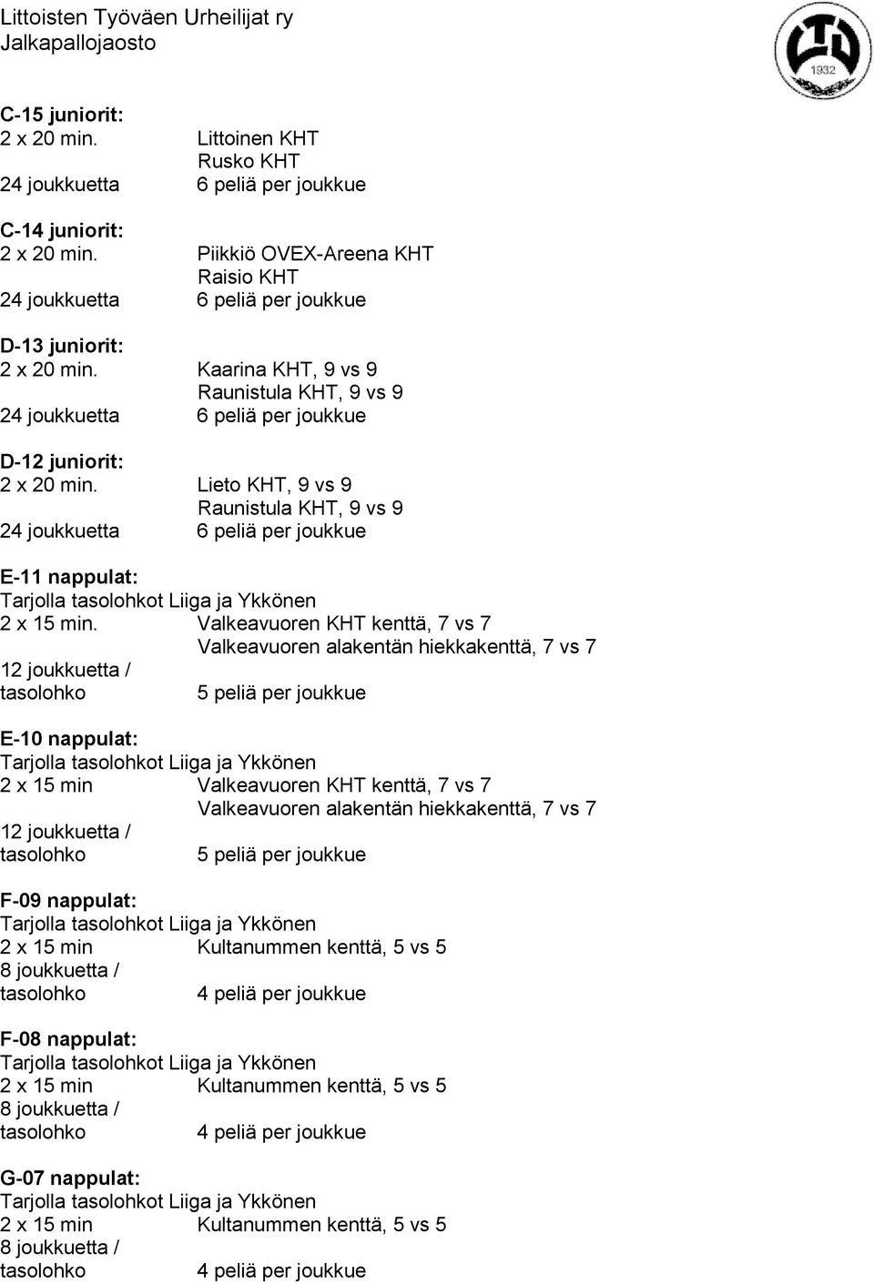 Lieto KHT, 9 vs 9 Raunistula KHT, 9 vs 9 24 joukkuetta 6 peliä per joukkue E-11 nappulat: 2 x 15 min.