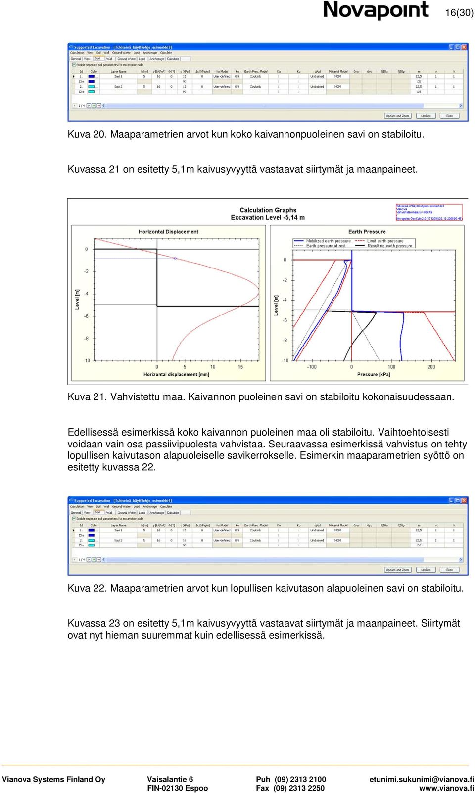 Seuraavassa esimerkissä vahvistus on tehty lopullisen kaivutason alapuoleiselle savikerrokselle. Esimerkin maaparametrien syöttö on esitetty kuvassa 22. Kuva 22.