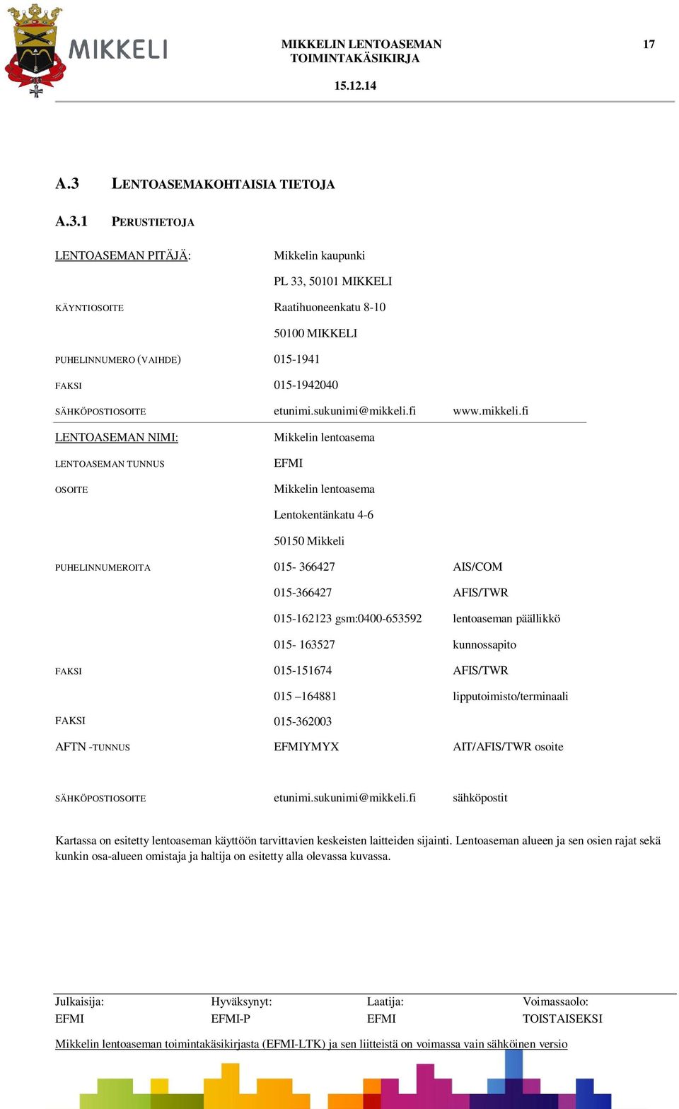 1 PERUSTIETOJA LENTOASEMAN PITÄJÄ: Mikkelin kaupunki PL 33, 50101 MIKKELI KÄYNTIOSOITE Raatihuoneenkatu 8-10 50100 MIKKELI PUHELINNUMERO (VAIHDE) 015-1941 FAKSI 015-1942040 SÄHKÖPOSTIOSOITE etunimi.