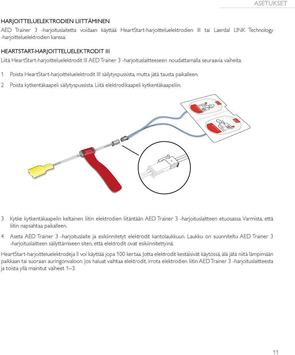 1 Poista HeartStart-harjoitteluelektrodit III säilytyspussista, mutta jätä tausta paikalleen. 2 Poista kytkentäkaapeli säilytyspussista. Liitä elektrodikaapeli kytkentäkaapeliin.