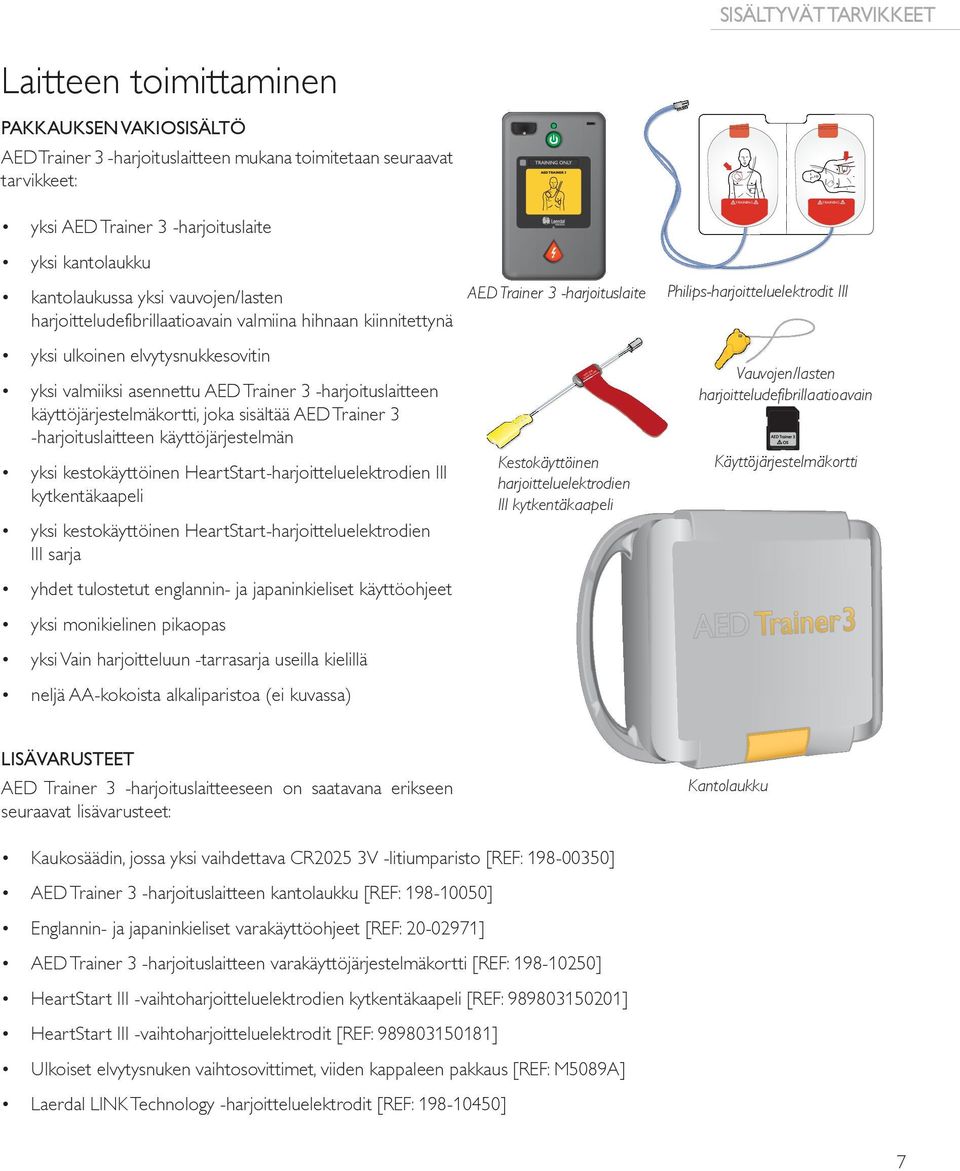 y ksi valmiiksi asennettu AED Trainer 3 -harjoituslaitteen käyttöjärjestelmäkortti, joka sisältää AED Trainer 3 -harjoituslaitteen käyttöjärjestelmän y ksi kestokäyttöinen