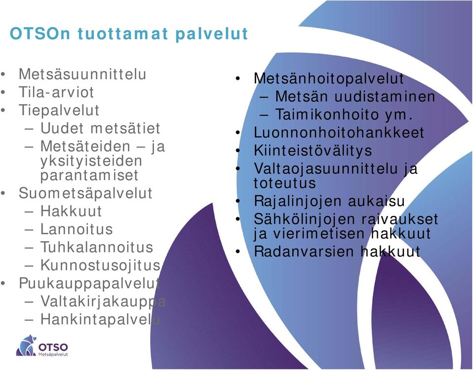 Hankintapalvelu Metsänhoitopalvelut Metsän uudistaminen Taimikonhoito ym.