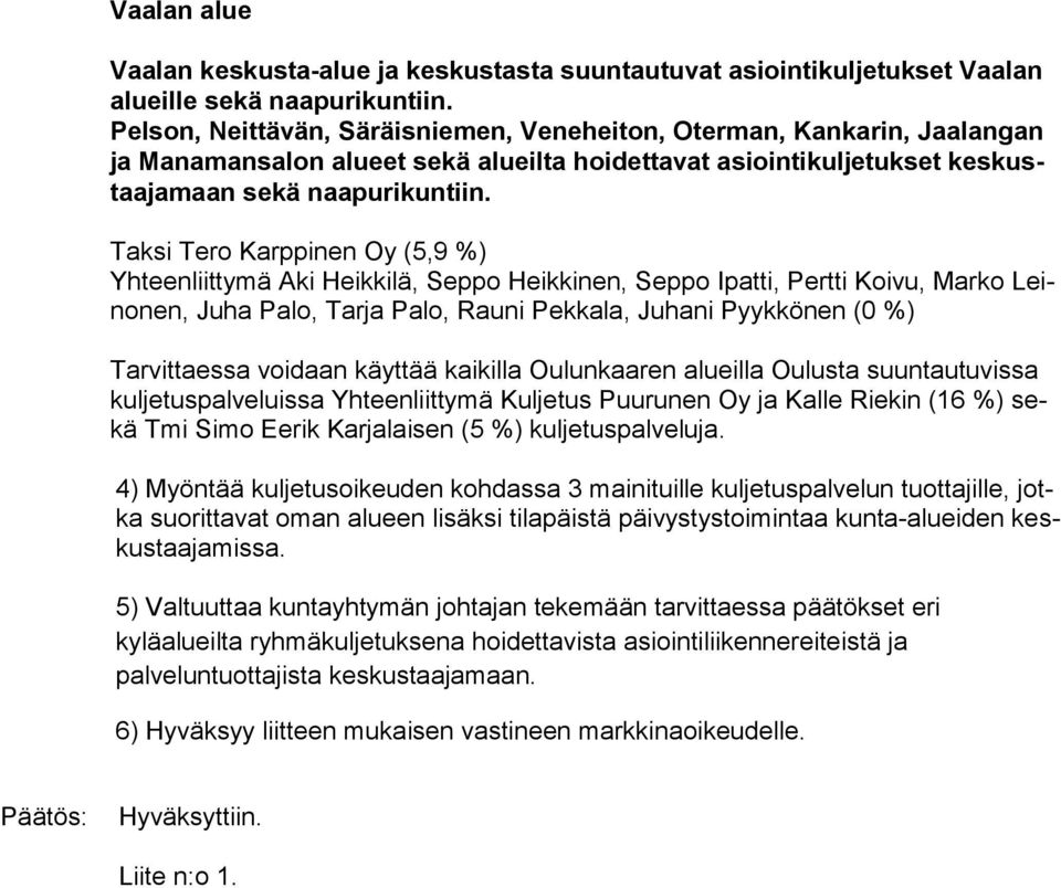 Taksi Tero Karppinen Oy (5,9 %) Yhteenliittymä Aki Heikkilä, Seppo Heikkinen, Seppo Ipatti, Pertti Koivu, Marko Leino nen, Juha Palo, Tarja Palo, Rauni Pekkala, Juhani Pyykkönen (0 %) Tarvittaessa