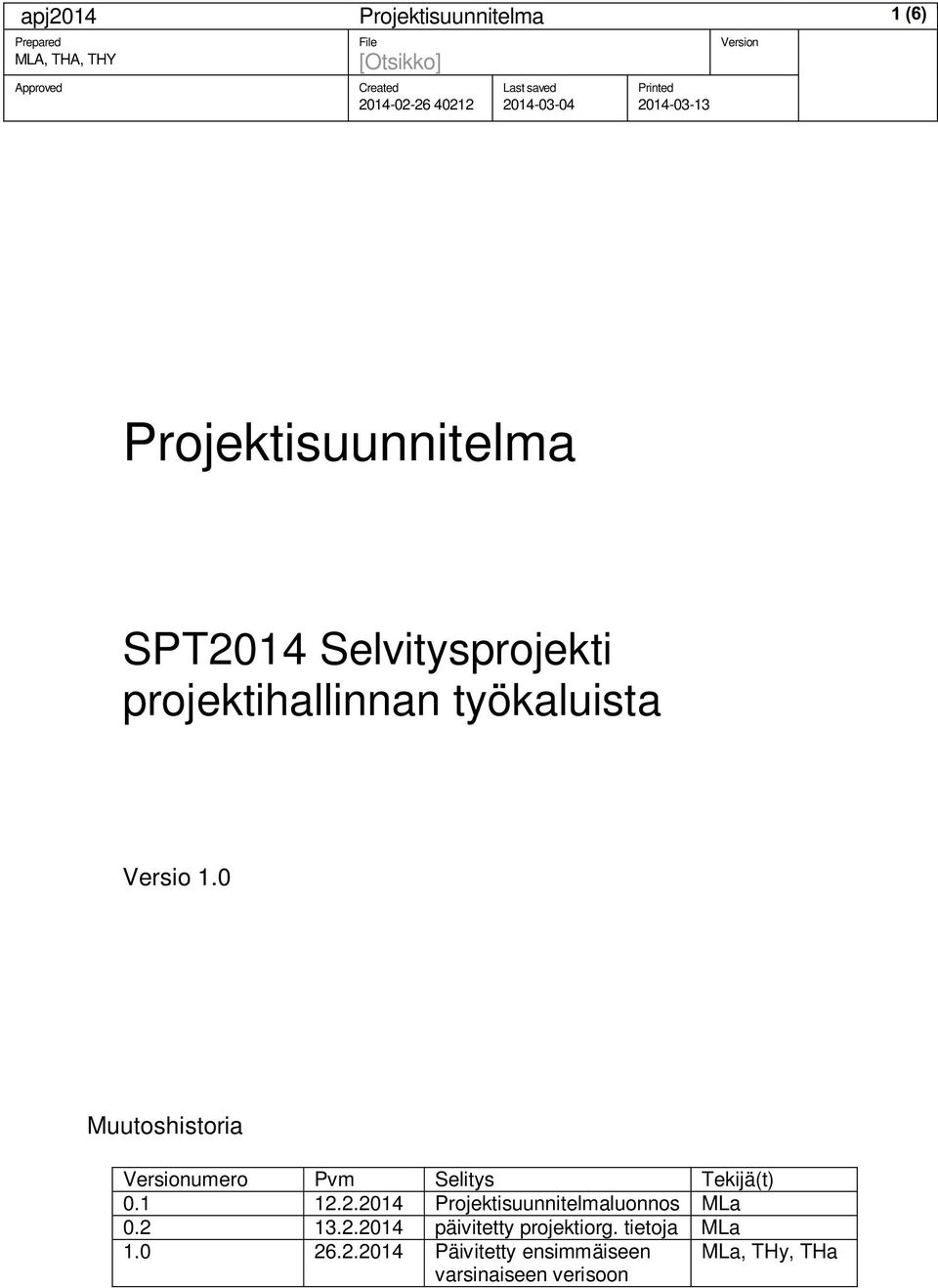 0 Muutoshistoria umero Pvm Selitys Tekijä(t) 0.1 12.