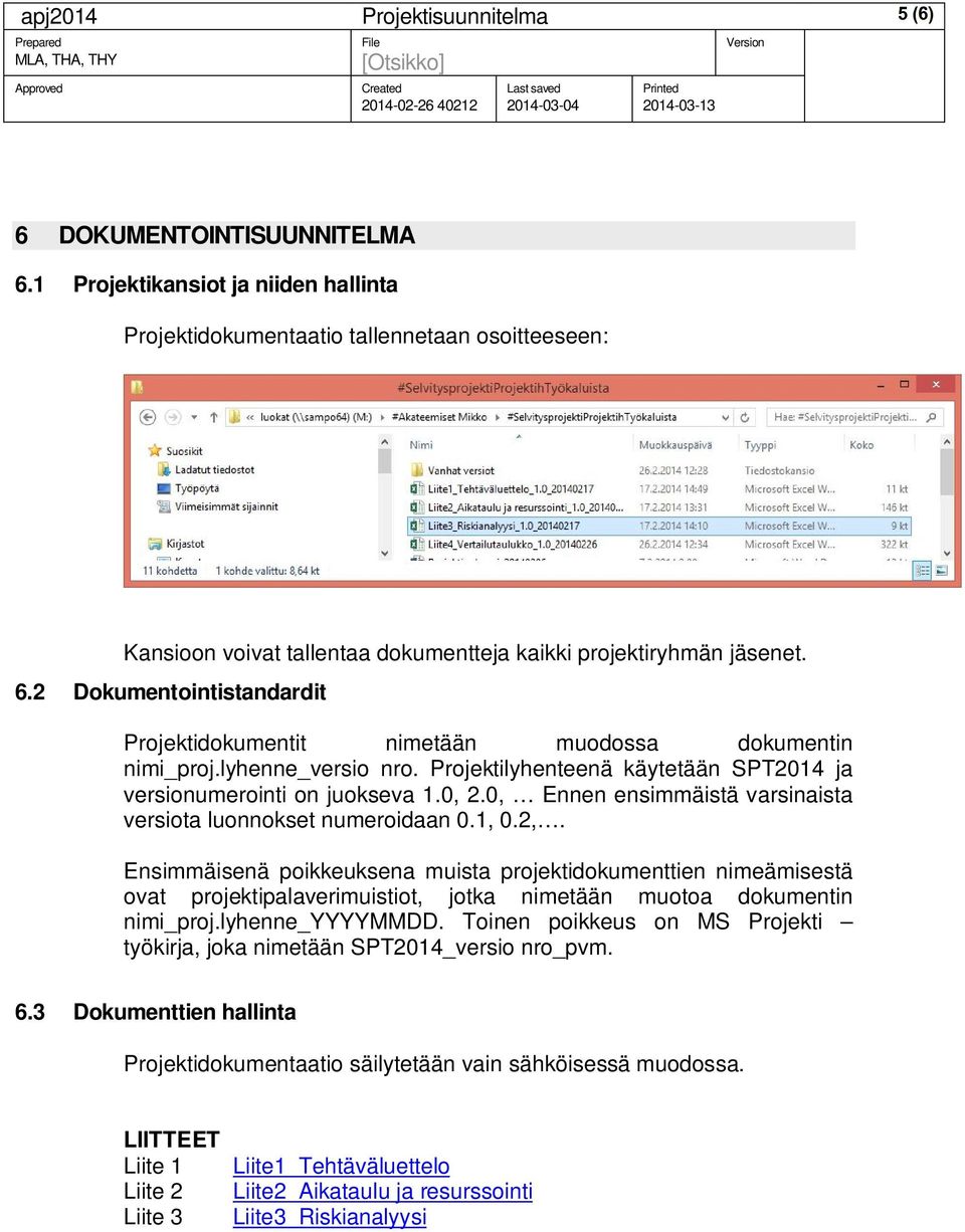 2 Dokumentointistandardit Projektidokumentit nimetään muodossa dokumentin nimi_proj.lyhenne_versio nro. Projektilyhenteenä käytetään SPT2014 ja versionumerointi on juokseva 1.0, 2.