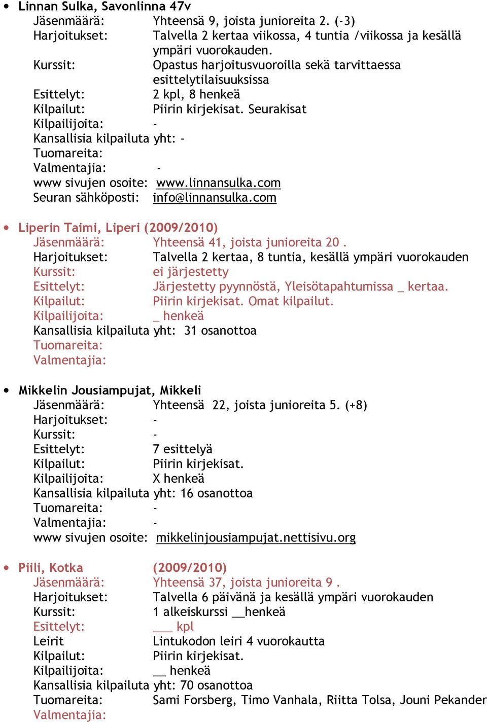 Seurakisat Kilpailijoita: - Kansallisia kilpailuta yht: - Tuomareita: Valmentajia: - www sivujen osoite: www.linnansulka.com Seuran sähköposti: info@linnansulka.