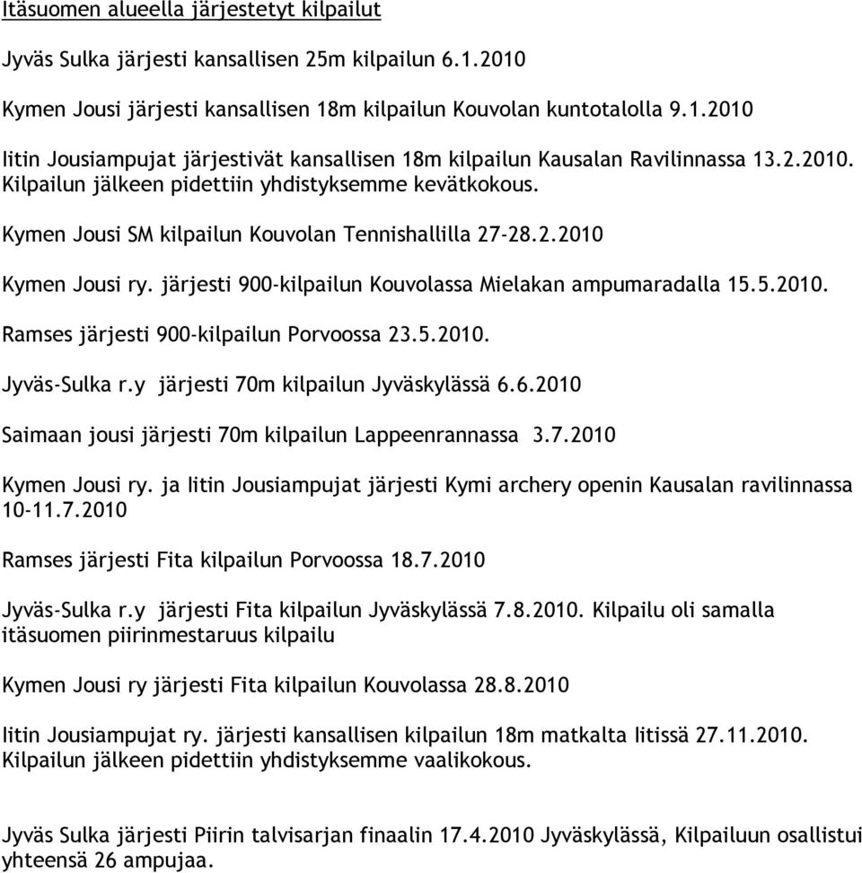 järjesti 900-kilpailun Kouvolassa Mielakan ampumaradalla 15.5.2010. Ramses järjesti 900-kilpailun Porvoossa 23.5.2010. Jyväs-Sulka r.y järjesti 70m kilpailun Jyväskylässä 6.