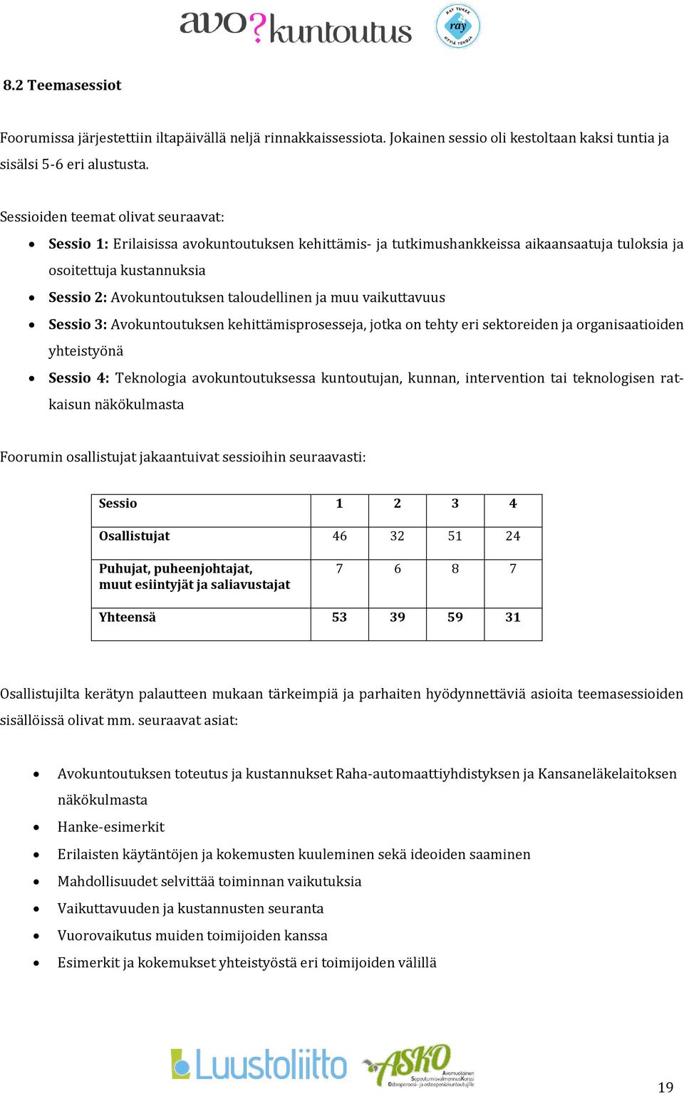 ja muu vaikuttavuus Sessio 3: Avokuntoutuksen kehittämisprosesseja, jotka on tehty eri sektoreiden ja organisaatioiden yhteistyönä Sessio 4: Teknologia avokuntoutuksessa kuntoutujan, kunnan,