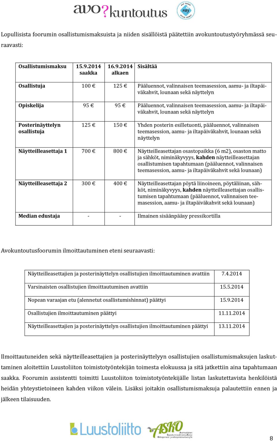 2014 alkaen Sisältää Osallistuja 100 125 Pääluennot, valinnaisen teemasession, aamu- ja iltapäiväkahvit, lounaan sekä näyttelyn Opiskelija 95 95 Pääluennot, valinnaisen teemasession, aamu- ja