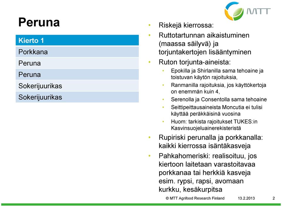 käyttää peräkkäisinä vuosina Huom: tarkista rajoitukset TUKES:in Kasvinsuojeluainerekisteristä Rupiriski perunalla ja porkkanalla: kaikki kierrossa isäntäkasveja