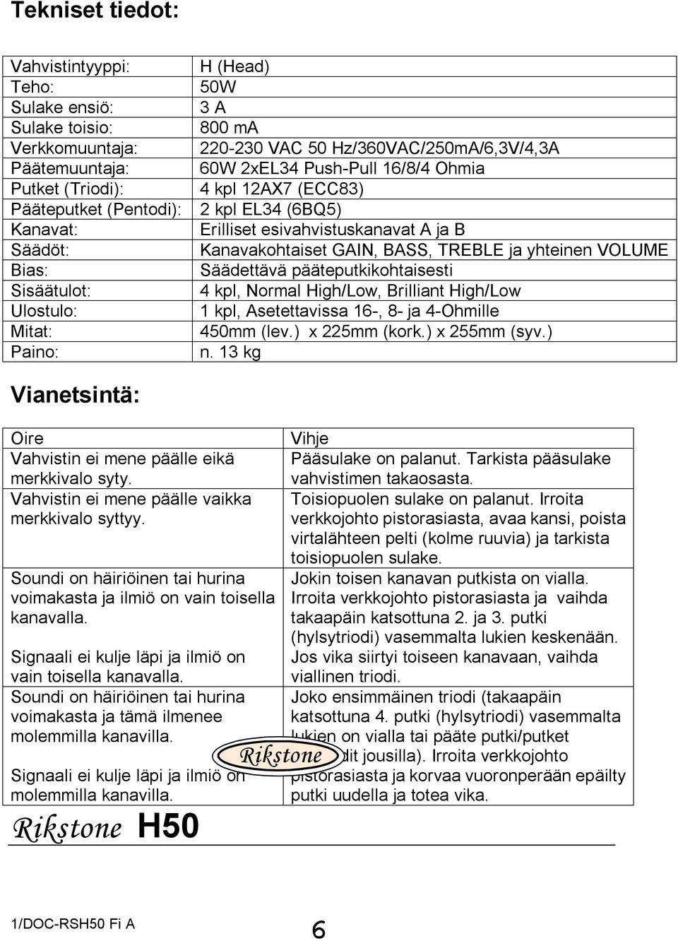 BASS, TREBLE ja yhteinen VOLUME Säädettävä pääteputkikohtaisesti 4 kpl, Normal High/Low, Brilliant High/Low 1 kpl, Asetettavissa 16-, 8- ja 4-Ohmille 450mm (lev.) x 225mm (kork.) x 255mm (syv.) n.