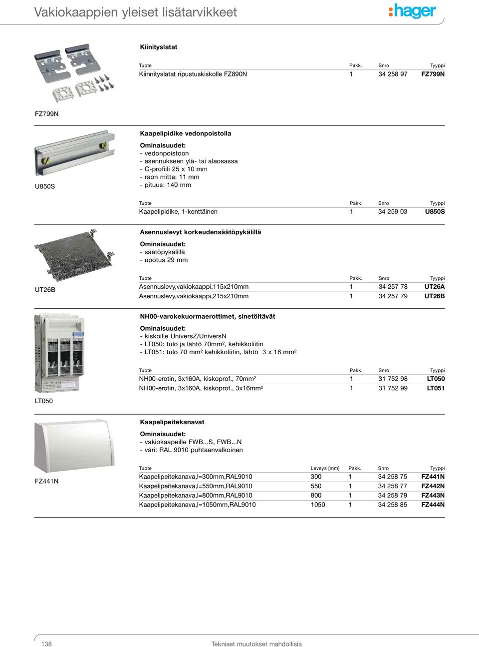 Asennuslevy,vakiokaappi,115x210mm 1 34 257 78 UT26A Asennuslevy,vakiokaappi,215x210mm 1 34 257 79 UT26B NH00-varokekuormaerottimet, sinetöitävät - kiskoille UniversZ/UniversN - LT050: tulo ja lähtö