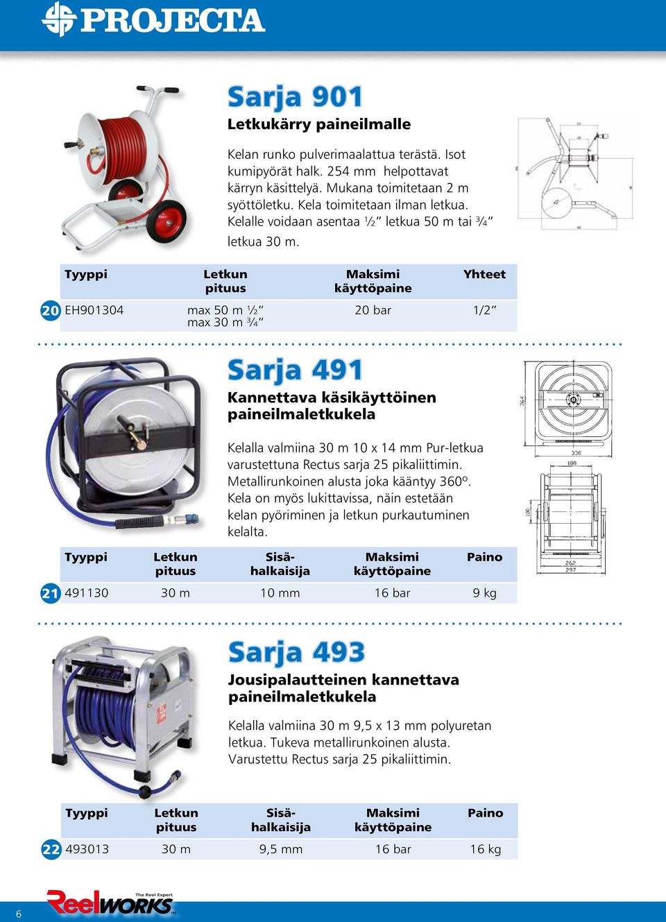 20 EH901304 max 50 m ½ max 30 m ¾ 20 bar 1/2 Sarja 491 Kannettava käsikäyttöinen paineilmaletkukela Kelalla valmiina 30 m 10 x 14 mm Pur-letkua varus tet tuna Rectus sarja 25 pikaliittimin.