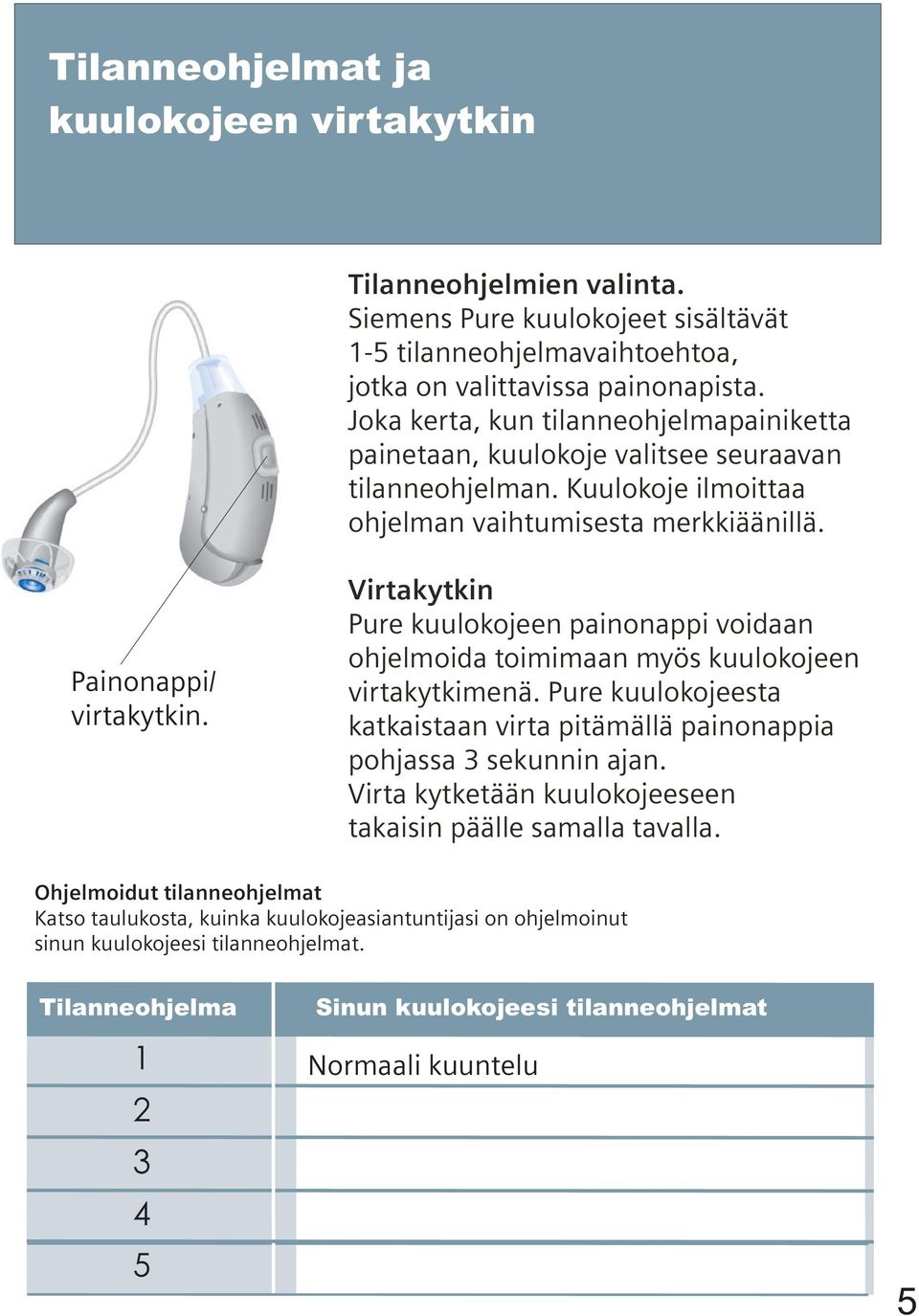 Virtakytkin Pure kuulokojeen painonappi voidaan ohjelmoida toimimaan myös kuulokojeen virtakytkimenä. Pure kuulokojeesta katkaistaan virta pitämällä painonappia pohjassa 3 sekunnin ajan.