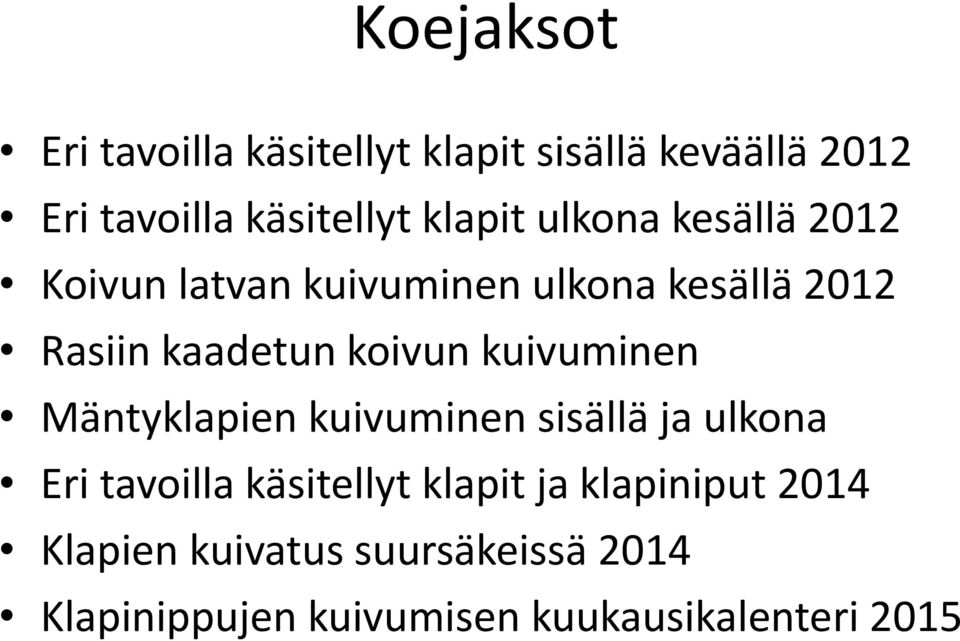 koivun kuivuminen Mäntyklapien kuivuminen sisällä ja ulkona Eri tavoilla käsitellyt klapit