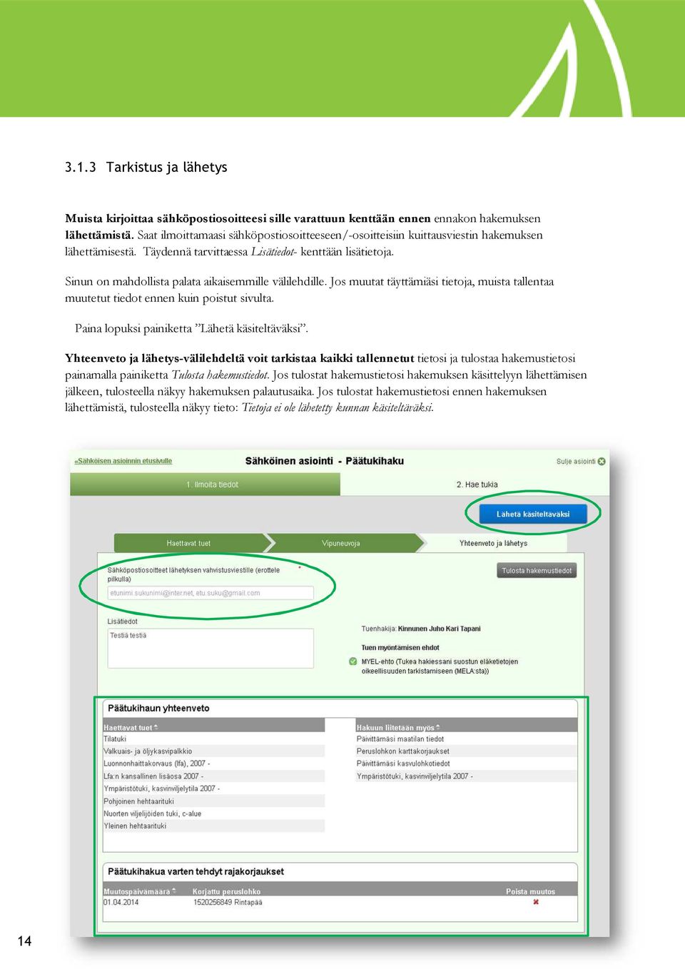 Sinun on mahdollista palata aikaisemmille välilehdille. Jos muutat täyttämiäsi tietoja, muista tallentaa muutetut tiedot ennen kuin poistut sivulta. Paina lopuksi painiketta Lähetä käsiteltäväksi.