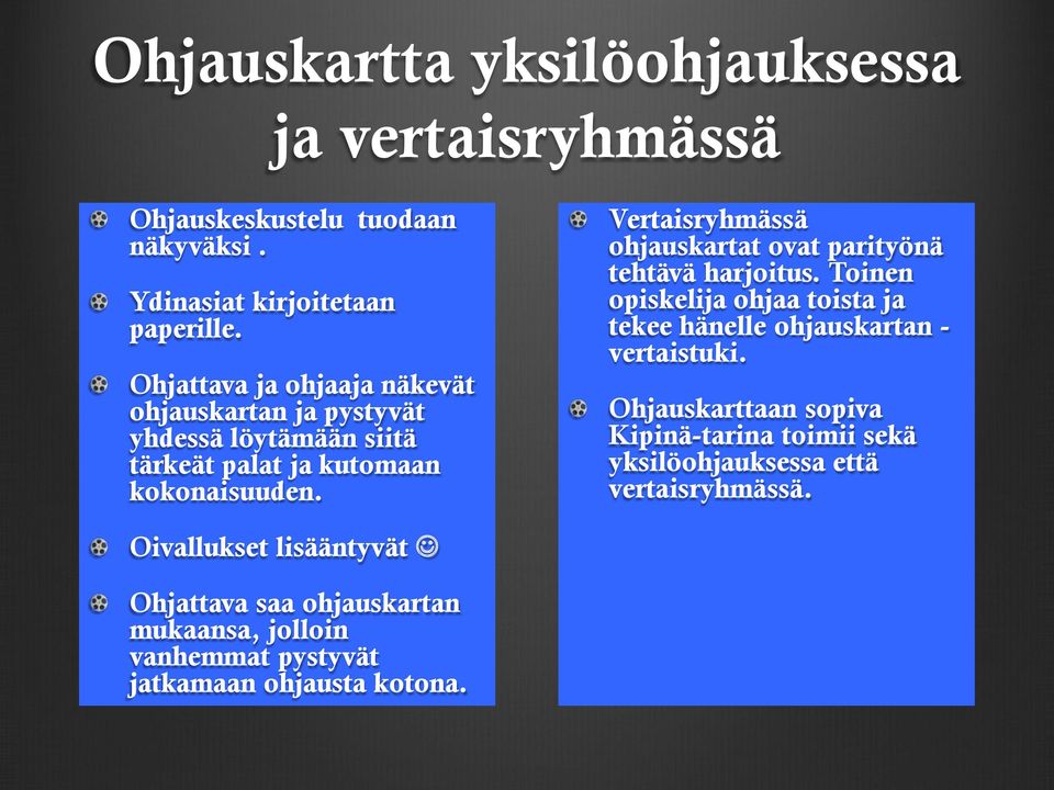 Vertaisryhmässä ohjauskartat ovat parityönä tehtävä harjoitus. Toinen opiskelija ohjaa toista ja tekee hänelle ohjauskartan - vertaistuki.