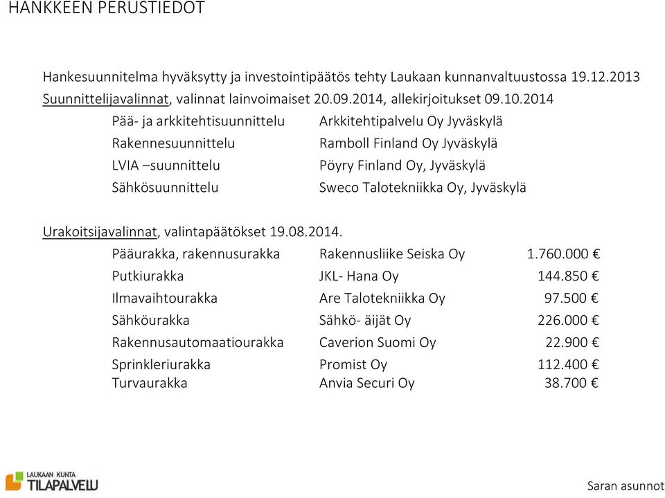 2014 Pää- ja arkkitehtisuunnittelu Arkkitehtipalvelu Oy Jyväskylä Rakennesuunnittelu Ramboll Finland Oy Jyväskylä LVIA suunnittelu Pöyry Finland Oy, Jyväskylä Sähkösuunnittelu Sweco