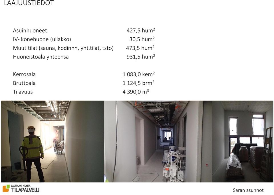 tilat, tsto) 473,5 hum 2 Huoneistoala yhteensä 931,5 hum 2