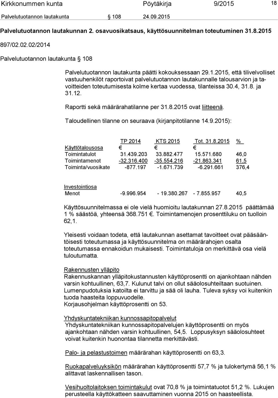 4, 31.8. ja 31.12. Raportti sekä määräraha tilanne per 31.8.2015 ovat liitteenä. Taloudellinen tilanne on seuraava (kirjanpitotilanne 14.9.2015): TP 2014 KTS 2015 Tot. 31.8.2015 % Käyttötalousosa Toimintatulot 31.