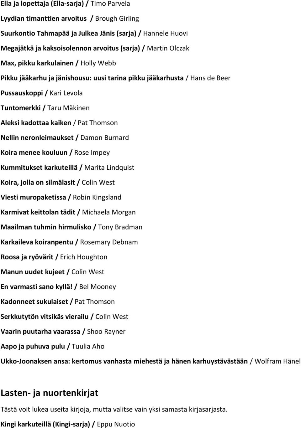 kaiken / Pat Thomson Nellin neronleimaukset / Damon Burnard Koira menee kouluun / Rose Impey Kummitukset karkuteillä / Marita Lindquist Koira, jolla on silmälasit / Colin West Viesti muropaketissa /