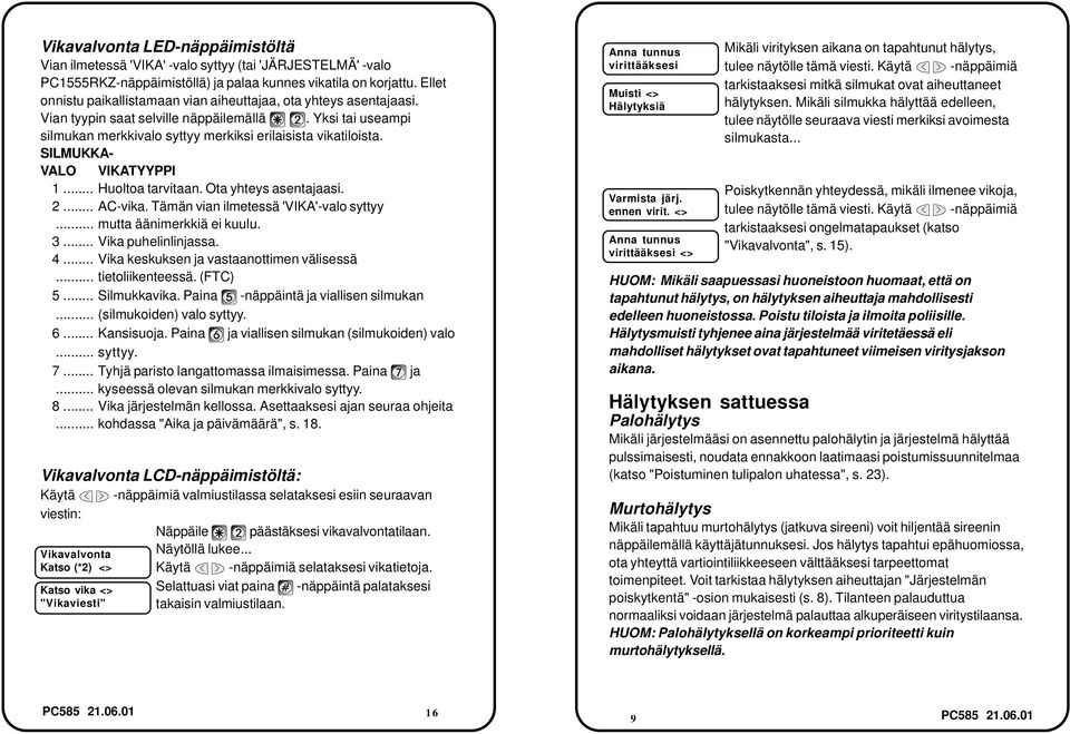 SILMUKKA- VALO VIKATYYPPI 1... Huoltoa tarvitaan. Ota yhteys asentajaasi. 2... AC-vika. Tämän vian ilmetessä 'VIKA'-valo syttyy... mutta äänimerkkiä ei kuulu. 3... Vika puhelinlinjassa. 4.