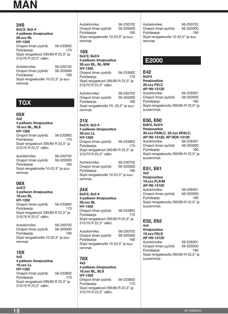 Autokiinnike: 56-230702 Sopii rengaskoolle 10-22,5 ja 06X /2 4 palkeen ilmajousitus 18.xxx BL HY-1350 Onspot ilman pyöriä: 56-233902 Sopii rengaskoot 295/60 R 22,5 ja 315/70 R 22,5 väliin.