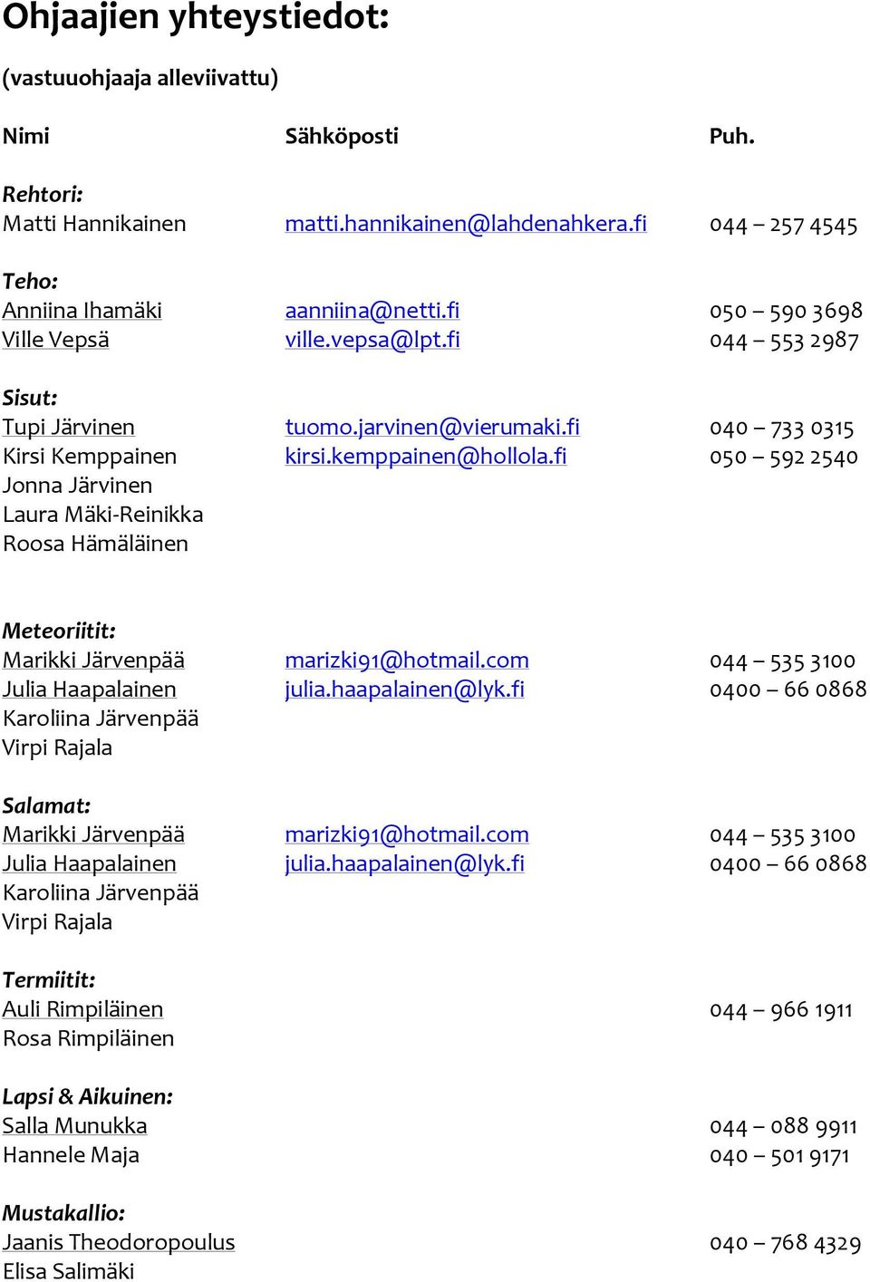 fi 050 592 2540 Jonna Järvinen Laura Mäki-Reinikka Roosa Hämäläinen Meteoriitit: Marikki Järvenpää marizki91@hotmail.com 044 535 3100 Julia Haapalainen julia.haapalainen@lyk.