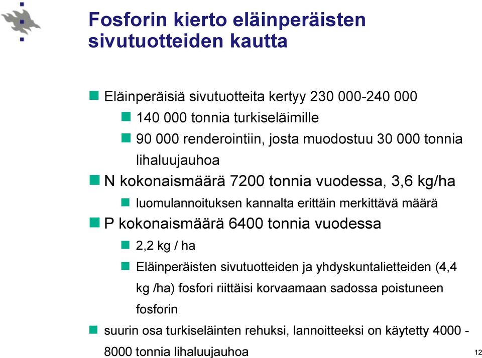 merkittävä määrä P kokonaismäärä 6400 tonnia vuodessa 2,2 kg / ha Eläinperäisten sivutuotteiden ja yhdyskuntalietteiden (4,4 kg /ha) fosfori