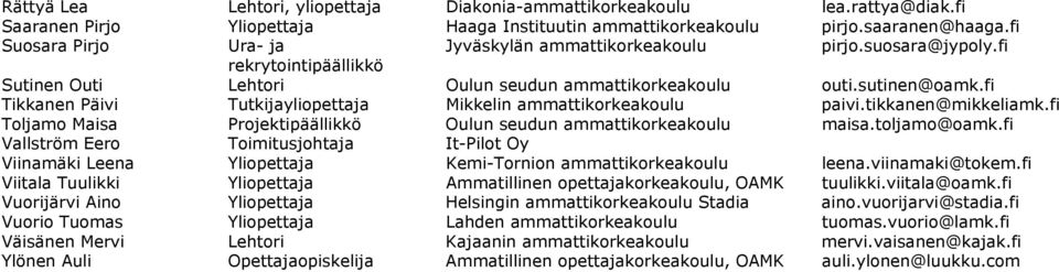 tikkanen@mikkeliamk.fi Toljamo Maisa Projektipäällikkö Oulun seudun ammattikorkeakoulu maisa.toljamo@oamk.