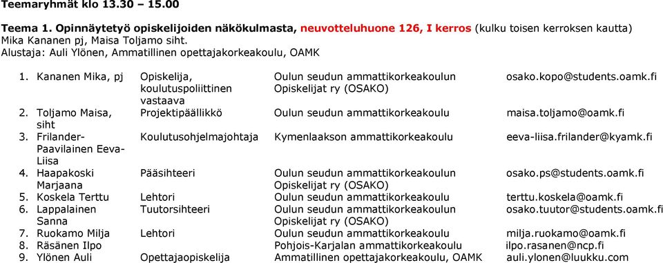 Haapakoski Pääsihteeri Marjaana Oulun seudun ammattikorkeakoulun osako.kopo@students.oamk.fi Projektipäällikkö Oulun seudun ammattikorkeakoulu maisa.toljamo@oamk.