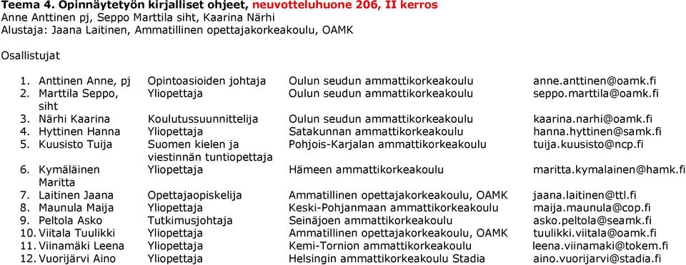 Anttinen Anne, pj Opintoasioiden johtaja Oulun seudun ammattikorkeakoulu anne.anttinen@oamk.fi 2. Marttila Seppo, Yliopettaja Oulun seudun ammattikorkeakoulu seppo.marttila@oamk.fi siht 3.