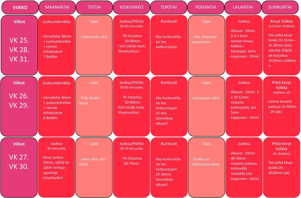 10min Kevyt hölkkä 1h- 1h30min lenkki 1h - 1h 30min (pk)/ viikoilla 25&28 pk- harjoitus 1h20min- 1h40mi n VK 26. VK 29.