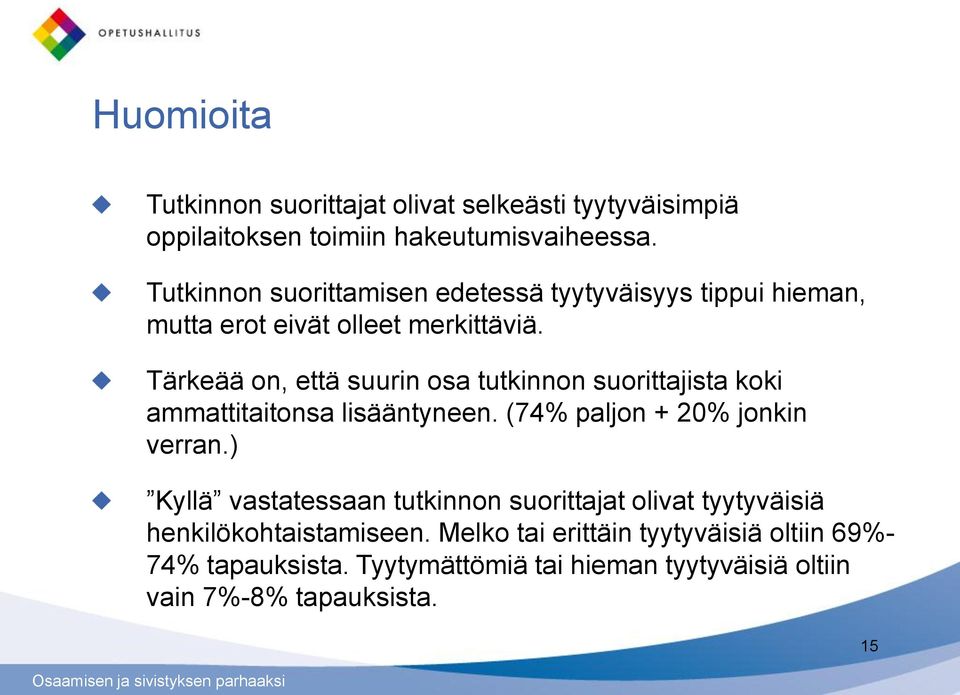 Tärkeää on, että suurin osa tutkinnon suorittajista koki ammattitaitonsa lisääntyneen. (74% paljon + 20% jonkin verran.