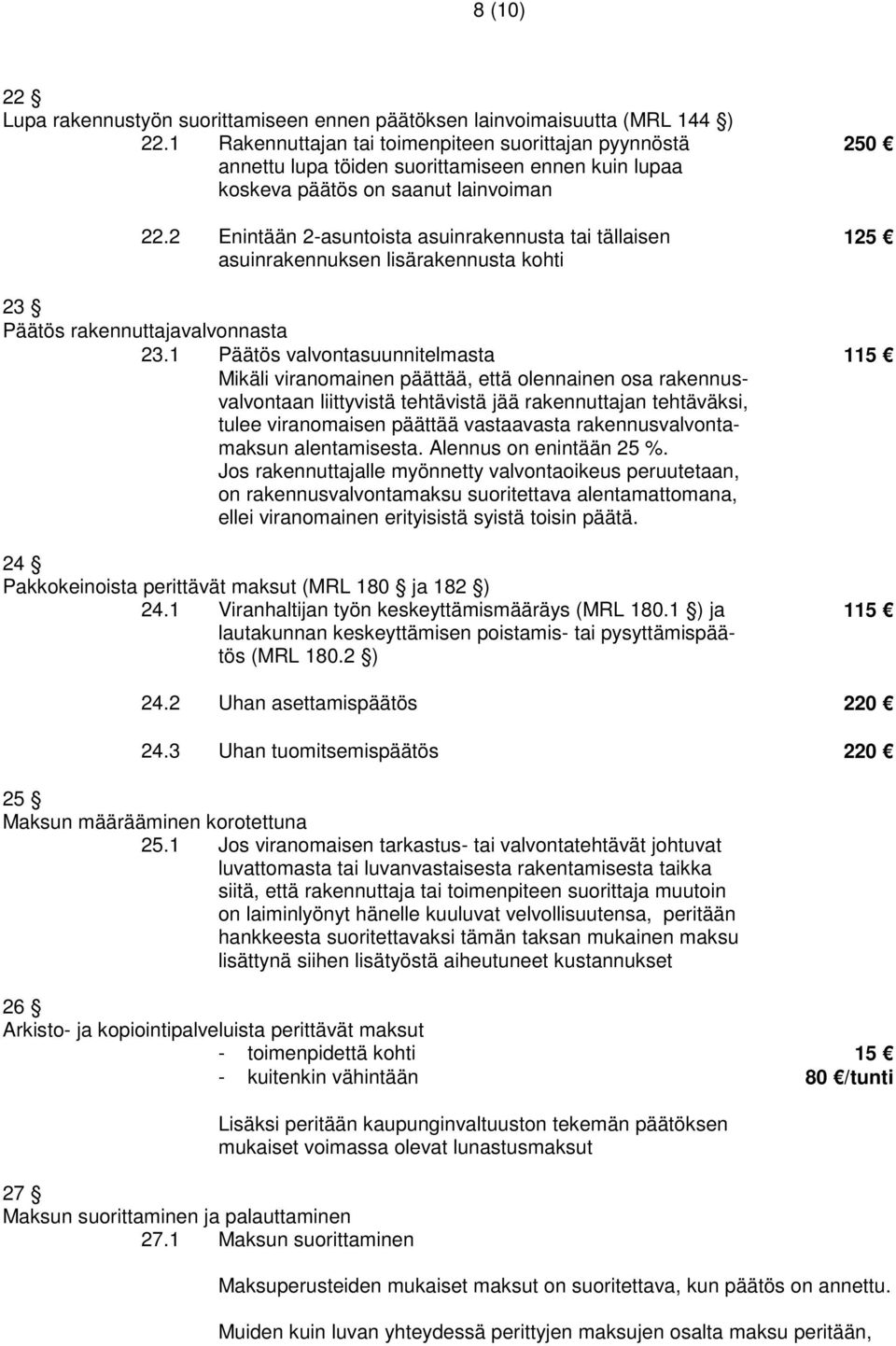 2 Enintään 2-asuntoista asuinrakennusta tai tällaisen asuinrakennuksen lisärakennusta kohti 250 125 23 Päätös rakennuttajavalvonnasta 23.