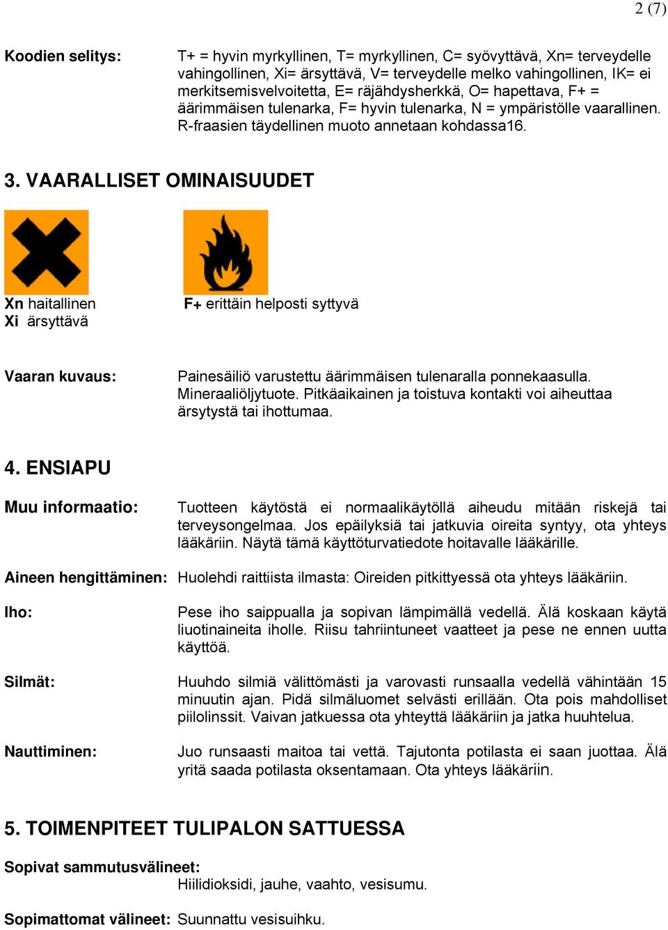 VAARALLISET OMINAISUUDET Xn haitallinen Xi ärsyttävä F+ erittäin helposti syttyvä Vaaran kuvaus: Painesäiliö varustettu äärimmäisen tulenaralla ponnekaasulla. Mineraaliöljytuote.