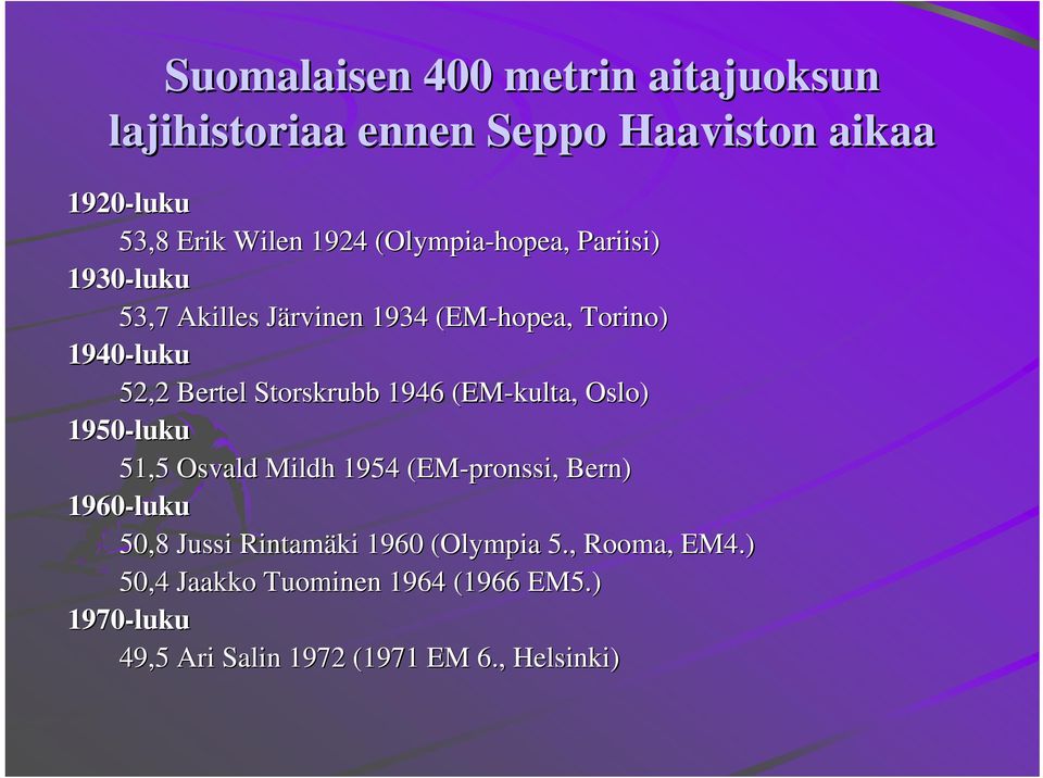 Storskrubb 1946 (EM-kulta, Oslo) 1950-luku 51,5 Osvald Mildh 1954 (EM-pronssi, Bern) 1960-luku 50,8 Jussi