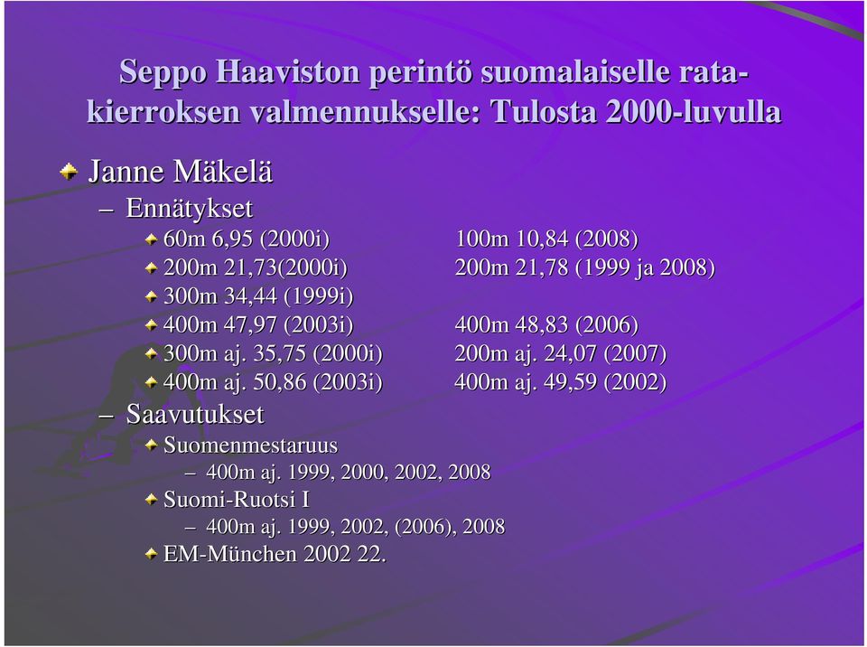 300m aj.. 35,75 (2000i) 200m aj.. 24,07 (2007) 400m aj.. 50,86 (2003i) 400m aj.