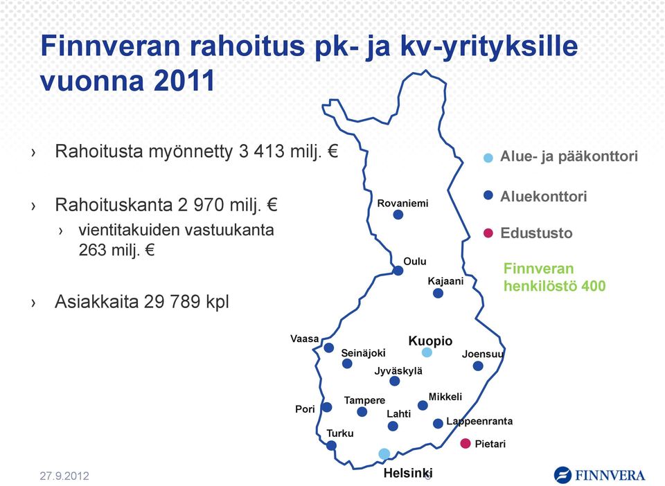 Asiakkaita 29 789 kpl Rovaniemi Oulu Kajaani Aluekonttori Edustusto Finnveran henkilöstö 400
