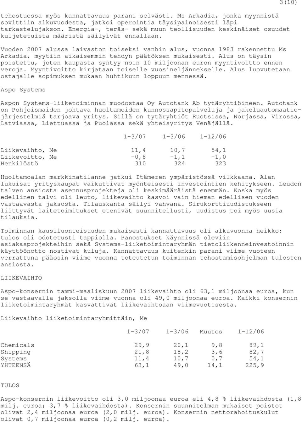 Vuoden 2007 alussa laivaston toiseksi vanhin alus, vuonna 1983 rakennettu Ms Arkadia, myytiin aikaisemmin tehdyn päätöksen mukaisesti.