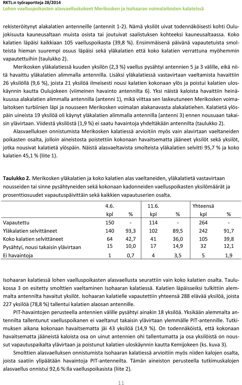 Ensimmäisenä päivänä vapautetuista smolteista hieman suurempi osuus läpäisi sekä yläkalatien että koko kalatien verrattuna myöhemmin vapautettuihin (taulukko 2).