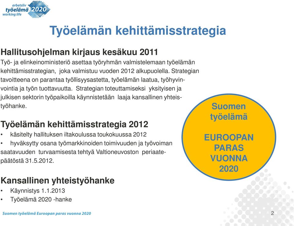 Strategian toteuttamiseksi yksityisen ja julkisen sektorin työpaikoilla käynnistetään laaja kansallinen yhteistyöhanke.