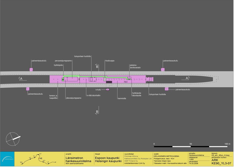 laituritasolle liukuportaan huoltotila M T L ILNIEMEN METROSEM Kalliosuunnittelu Oy Rockplan Ltd Pohjapiirustus, taso -16.